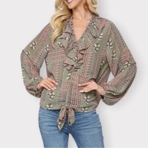 Gigio USA cottagecore printed chiffon ruffled front tie top Size Large